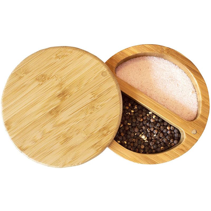 4.7 * 2.4 inch/12 * 6cm Bamboo Salt Keeper Duet Salt and Pepper Bowl, Salt Cellar and Storage Box with Two Compartments, Magnetic Swivel Lid