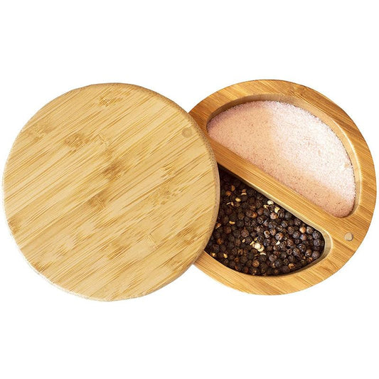 4.7 * 2.4 inch/12 * 6cm Bamboo Salt Keeper Duet Salt and Pepper Bowl, Salt Cellar and Storage Box with Two Compartments, Magnetic Swivel Lid