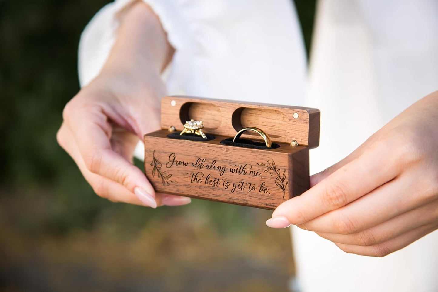 SCCFMM Custom Logo Laser Engraved Slim Wooden Double Ring Case Box DIY Name Logo for Wedding Ceremony Engagement Proposal Ring Bearer Box for 2 Rings
