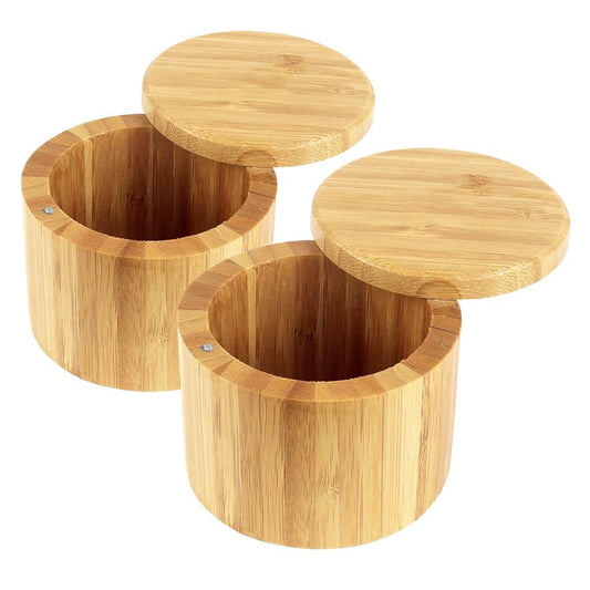 2 pieces Bamboo Salt Cellar with Magnetic Swivel Lid, Rustic Bamboo Salt Box for Kitchen for Seasonings/Spices/Candies, Salt Container for All Kinds of Spices/Nuts/Craft Materials, 7.40 Ounce Capacity