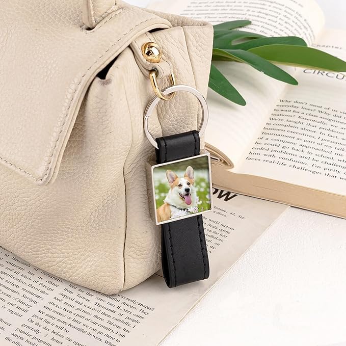 40 Pack Leather Sublimation Blanks PU Leather Keychain with Metal Square Rectangle Heart Round Shape DIY Heat Transfer Blank Tray Key Chain for DIY Crafts Photo Black