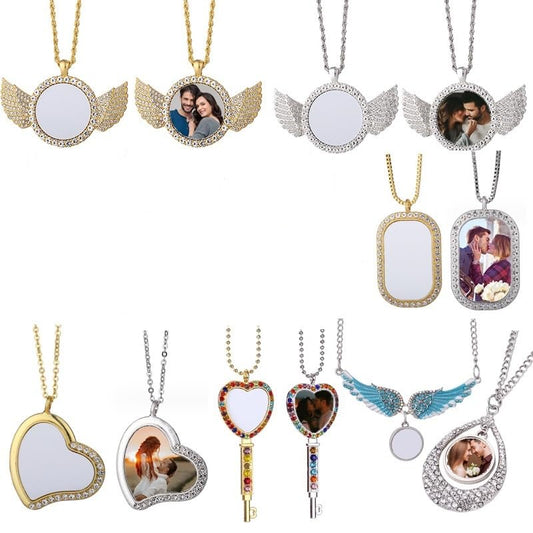 20pcs Sublimation Blank Necklace with Chain Set Blank Necklace Rhinestone Wing Shape Bezel Pendant Tray, 10 styles Sublimation Sheet, Tape Charms Ornament for DIY Heat Transfer Print