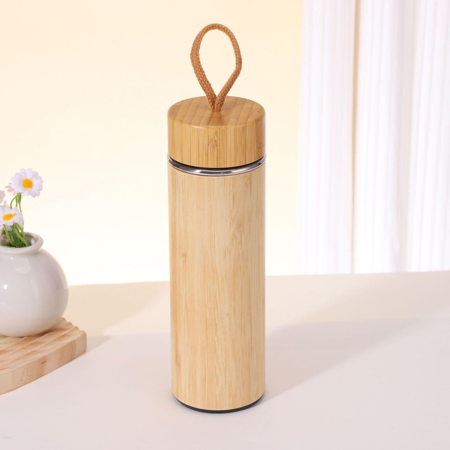 16 oz Bamboo Water Bottle with Carrying Handle, Insulated Stainless Steel Thermos Travel Mug, Double Wall Tumbler for Hot/Cold Tea, Coffee, and Juices