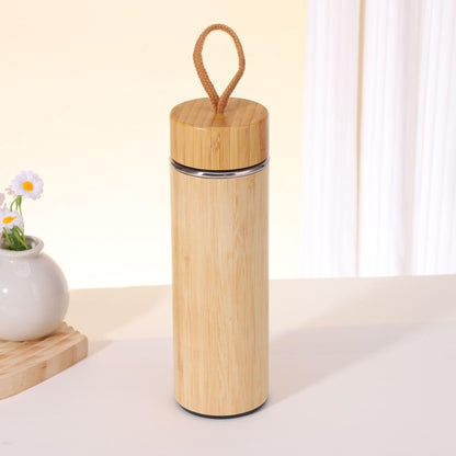 16 oz Bamboo Water Bottle with Carrying Handle, Insulated Stainless Steel Thermos Travel Mug, Double Wall Tumbler for Hot/Cold Tea, Coffee, and Juices