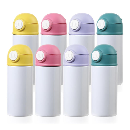 8 Pack Sublimation Kids Water Bottles Blanks 12 OZ Straight Skinny Kids Tumbler Sippy Up Cup with Pop Mixed Color Lid for Tumbler Heat Press Sublimation Oven Printing