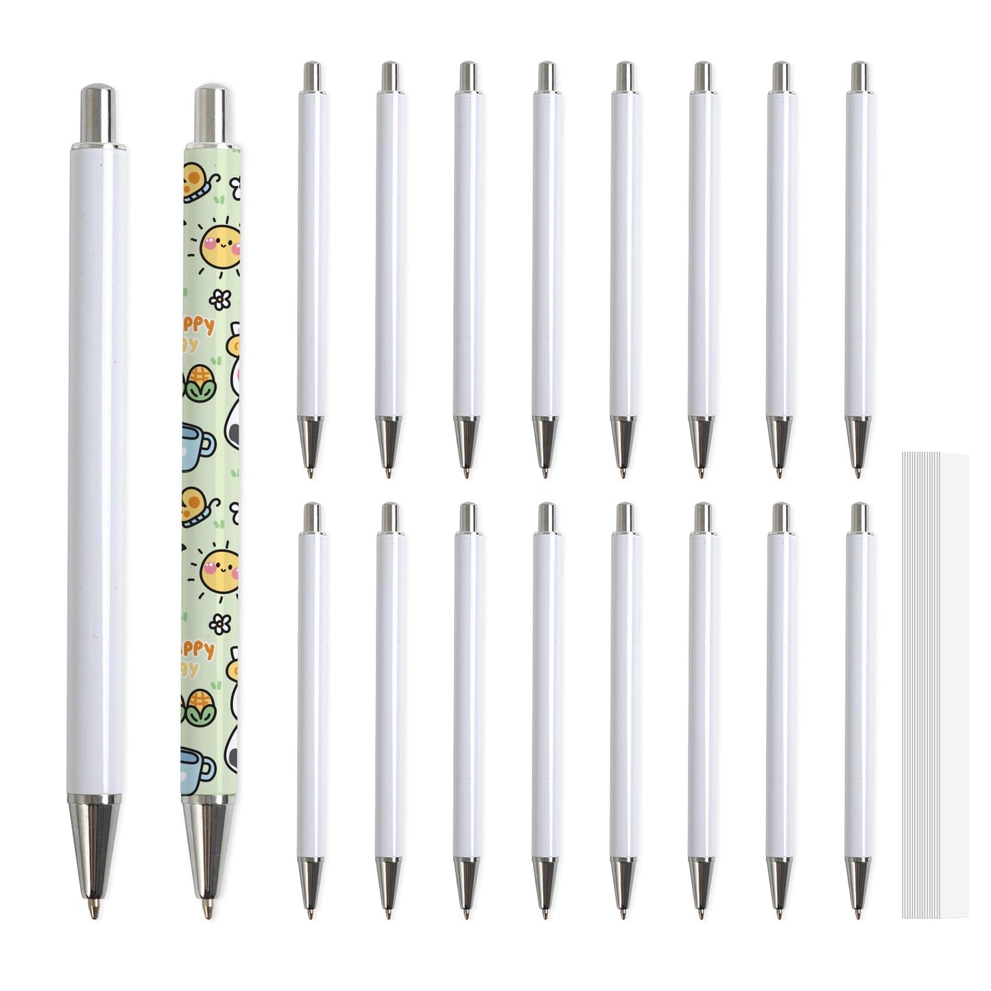 20 Pack Sublimation Pens Blanks No Clip Bulk White with 20 Pieces Shrink Wrap Films, DIY Personalized Ballpoint Pen by Heat Press Sublimation Oven