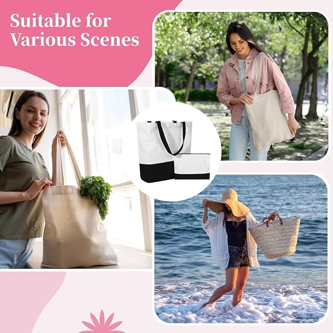 SCCFMM 10 Pack Sublimation Blank DIY Large Cotton Polyester Tote Bag + Cosmetic Bag, Reusable Grocery Shopping Fashionable Two-Tone Cloth Bags Makeup Bag for Heat Transfer Print