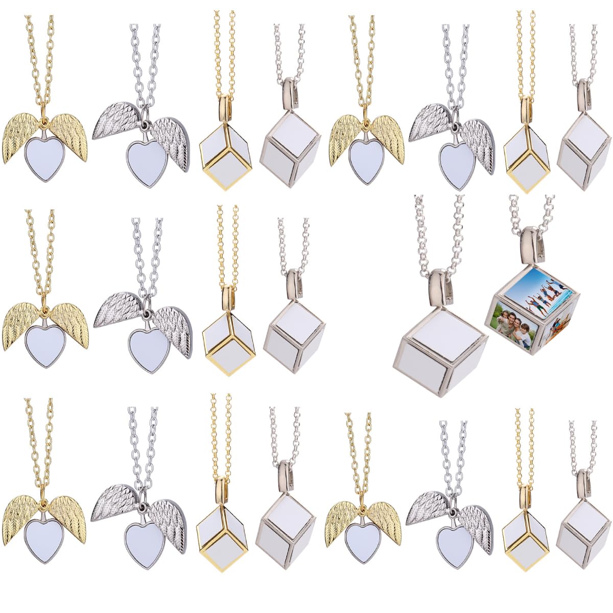 20 Pieces Sublimation Blank Necklace with Chain Set Blank Necklace Rhinestone Wing Shape Bezel Pendant Tray, Sublimation Blank Sheet, Double Sided Tape for DIY Heat Transfer Print