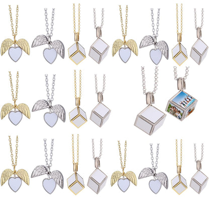 20 Pieces Sublimation Blank Necklace with Chain Set Blank Necklace Rhinestone Wing Shape Bezel Pendant Tray, Sublimation Blank Sheet, Double Sided Tape for DIY Heat Transfer Print