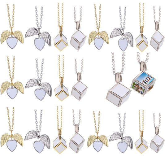 20 Pieces Sublimation Blank Necklace with Chain Set Blank Necklace Rhinestone Wing Shape Bezel Pendant Tray, Sublimation Blank Sheet, Double Sided Tape for DIY Heat Transfer Print