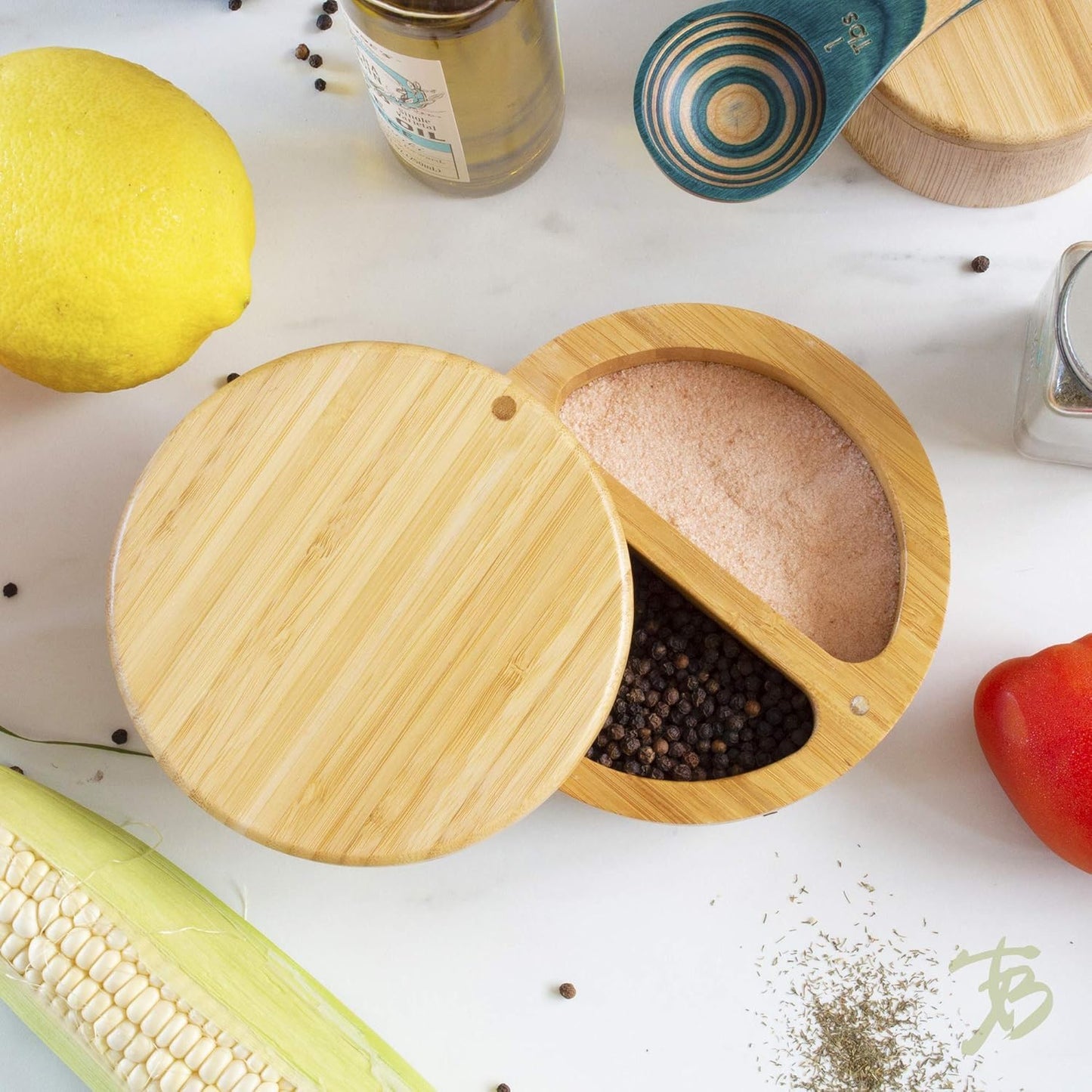 4.7 * 2.4 inch/12 * 6cm Bamboo Salt Keeper Duet Salt and Pepper Bowl, Salt Cellar and Storage Box with Two Compartments, Magnetic Swivel Lid