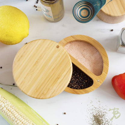 4.7 * 2.4 inch/12 * 6cm Bamboo Salt Keeper Duet Salt and Pepper Bowl, Salt Cellar and Storage Box with Two Compartments, Magnetic Swivel Lid