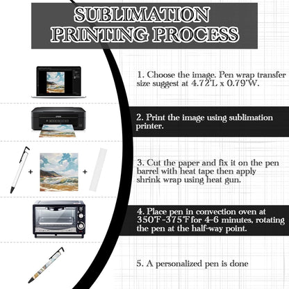 50 pcs Sublimation Blank Pens DIY Heat Transfer Ballpoint Pen with Shrink Wrap White Aluminum Customized School Supplies for Christmas DIY Office School Stationery Supplies