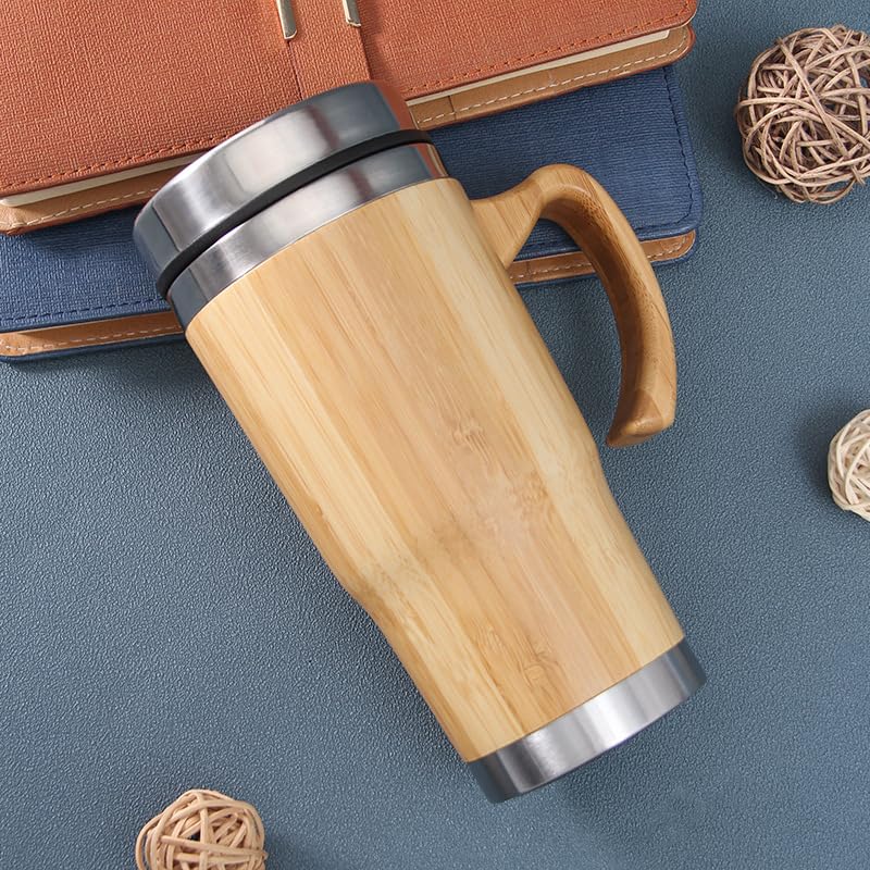 18oz Premium Bamboo Tumbler with Handle - Vacuum Insulated Thermos for Tea, Coffee - Bamboo Stainless Portable Thermal Travel Handle Mug Bottle For Office