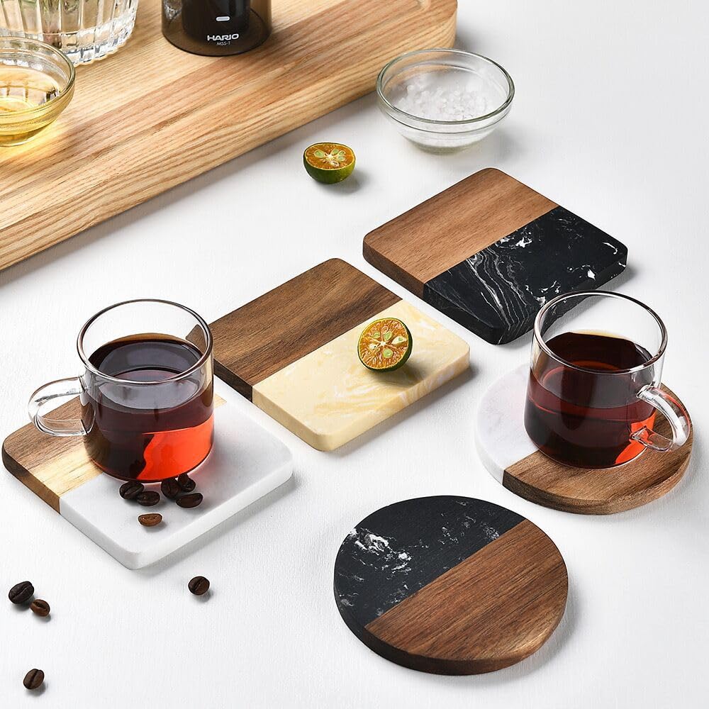 6 Pieces Marble & Wooden Coasters – Set of 6 Alabaster Marble and Wood Coasters, Ideal for Drinks, Beverage, Tea, Coffee, Bar Tables & Home Decor - Housewarming Gift for Laser Engrave (Round Black)