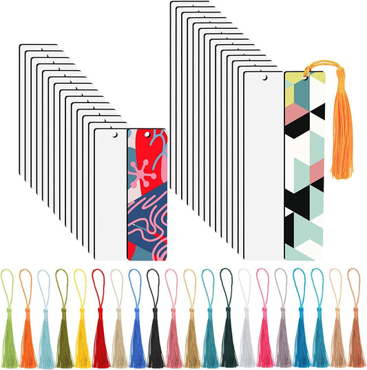 50 pcs Sublimation Blank Bookmarks Aluminum Metal Sublimation Bookmark Double Side Blank with Hole and Colorful Tassels Bulk DIY Heat Transfer Print for Book Lovers DIY Blank Bookmarks