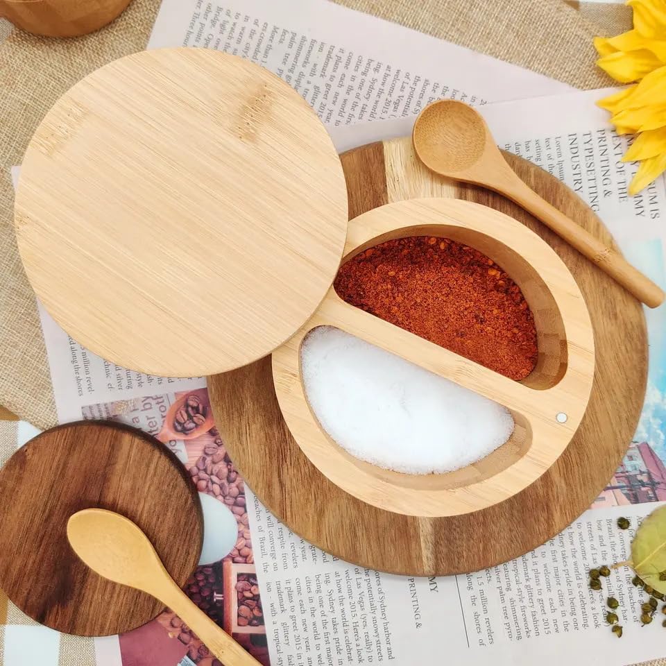4.7 * 2.4 inch/12 * 6cm Bamboo Salt Keeper Duet Salt and Pepper Bowl, Salt Cellar and Storage Box with Two Compartments, Magnetic Swivel Lid