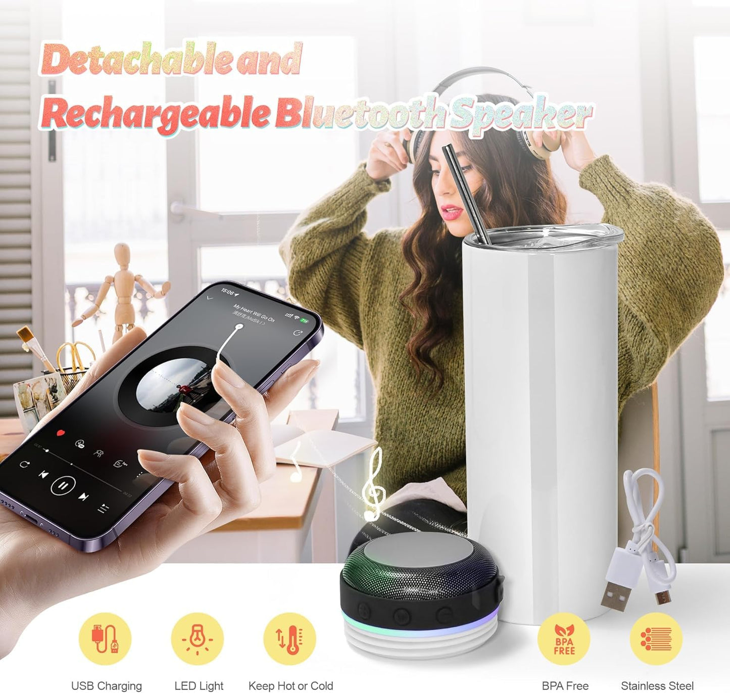 1Pcs 20oz Sublimation Blank Music Speaker Tumbler Cup Skinny Stainless Steel Double Wall Vacuum Insulated Bluetooth Speaker Skinny Straight Tumblers for DIY Heat Transfer Print