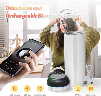 1Pcs 20oz Sublimation Blank Music Speaker Tumbler Cup Skinny Stainless Steel Double Wall Vacuum Insulated Bluetooth Speaker Skinny Straight Tumblers for DIY Heat Transfer Print