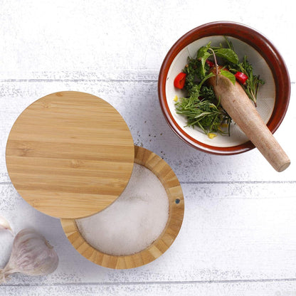 2 pieces Bamboo Salt Cellar with Magnetic Swivel Lid, Rustic Bamboo Salt Box for Kitchen for Seasonings/Spices/Candies, Salt Container for All Kinds of Spices/Nuts/Craft Materials, 7.40 Ounce Capacity