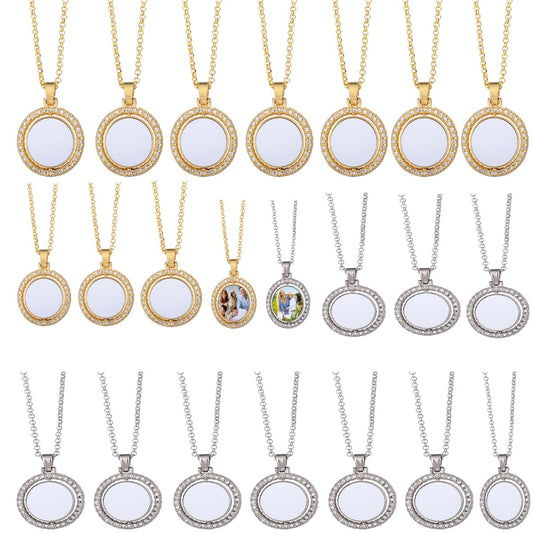20 Pcs Sublimation Blank Rhinestone Trays Pendant Set, Blank Rhinestone Bezel Trays Pendant , DIY Heat Transfer Print Thick Chains Ornament Charms with Sublimation Discs for Jewelry Necklace Making