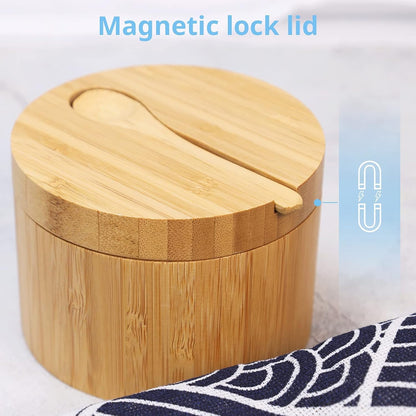 2 pieces 7.4 Ounce Bamboo Salt Cellar with Mini Spoon, Kitchen Salt Box with Swivel Magnetic Closure Lid, Round Salt Container to Storage Pepper Spice Bath