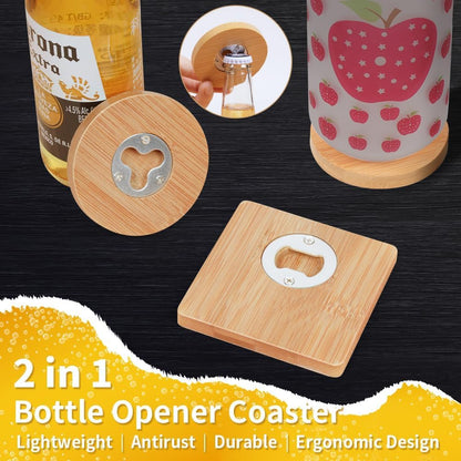20 Pack 2 in 1 Sublimation Blank Bamboo Bottle Opener+ Refrigerator Magnet,Round Wooden Stainless Steel Table Opener Mug Cup Coasters,DIY Heat Transfer Print Beer Openers for Kitchen,Bar,Restaurant