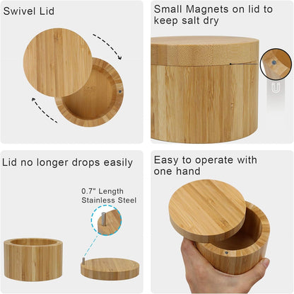 2 pieces Bamboo Salt Cellar with Magnetic Swivel Lid, Rustic Bamboo Salt Box for Kitchen for Seasonings/Spices/Candies, Salt Container for All Kinds of Spices/Nuts/Craft Materials, 7.40 Ounce Capacity