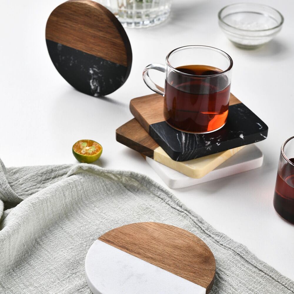 6 Pieces Marble & Wooden Coasters – Set of 6 Alabaster Marble and Wood Coasters, Ideal for Drinks, Beverage, Tea, Coffee, Bar Tables & Home Decor - Housewarming Gift for Laser Engrave (Round Black)