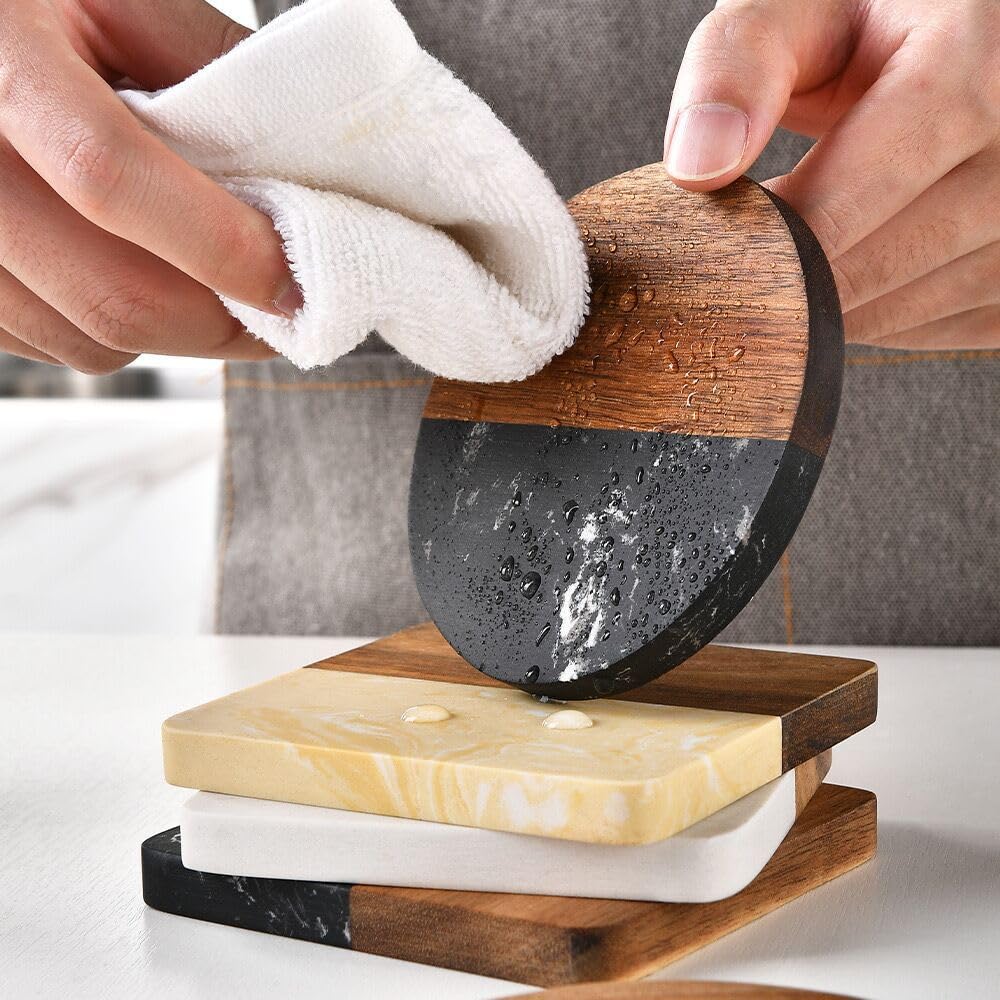 6 Pieces Marble & Wooden Coasters – Set of 6 Alabaster Marble and Wood Coasters, Ideal for Drinks, Beverage, Tea, Coffee, Bar Tables & Home Decor - Housewarming Gift for Laser Engrave (Round Black)