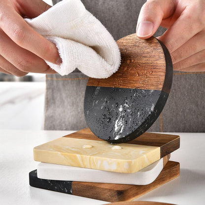 6 Pieces Marble & Wooden Coasters – Set of 6 Alabaster Marble and Wood Coasters, Ideal for Drinks, Beverage, Tea, Coffee, Bar Tables & Home Decor - Housewarming Gift for Laser Engrave (Round Black)