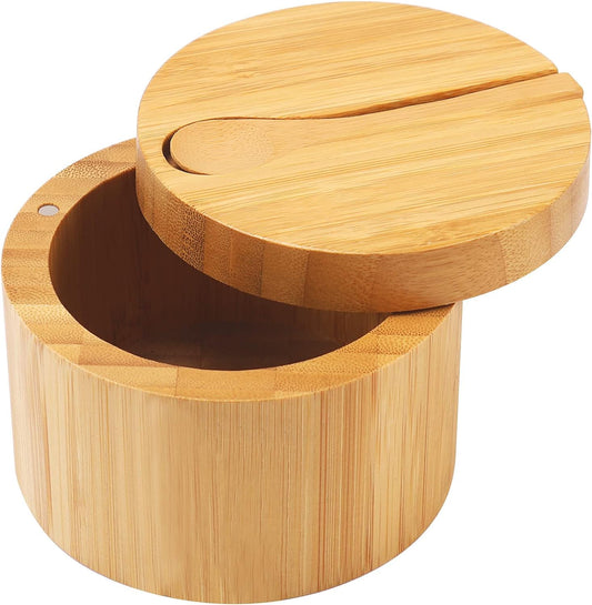 2 pieces 7.4 Ounce Bamboo Salt Cellar with Mini Spoon, Kitchen Salt Box with Swivel Magnetic Closure Lid, Round Salt Container to Storage Pepper Spice Bath