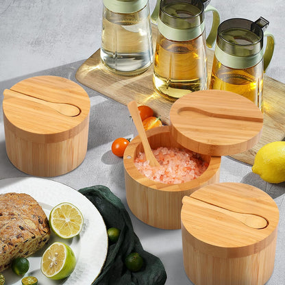 2 pieces 7.4 Ounce Bamboo Salt Cellar with Mini Spoon, Kitchen Salt Box with Swivel Magnetic Closure Lid, Round Salt Container to Storage Pepper Spice Bath
