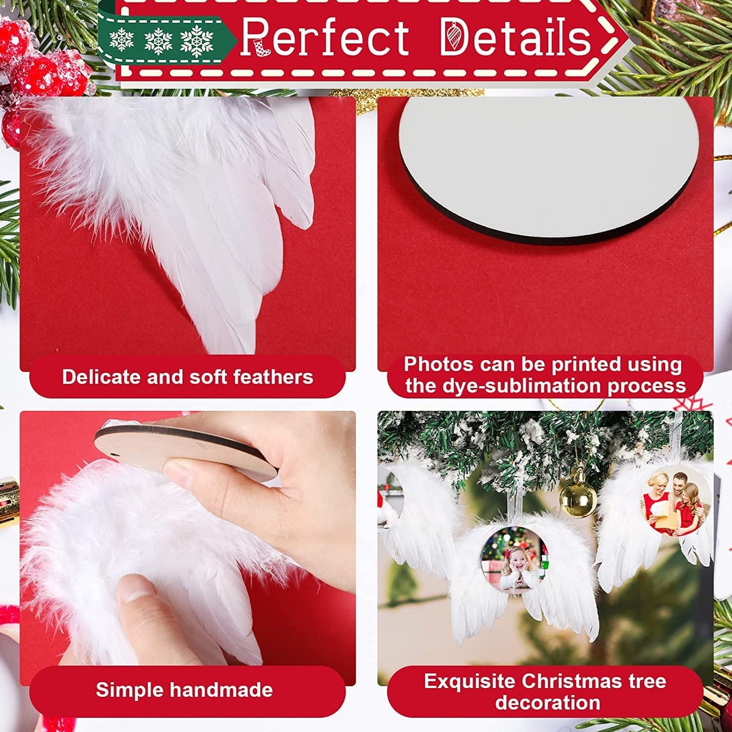 30 Pieces Sublimation Angel Wings Love Heart Shape Pendant Sublimation Blank Ornaments Feather Design Decoration for New Year Christmas Tree