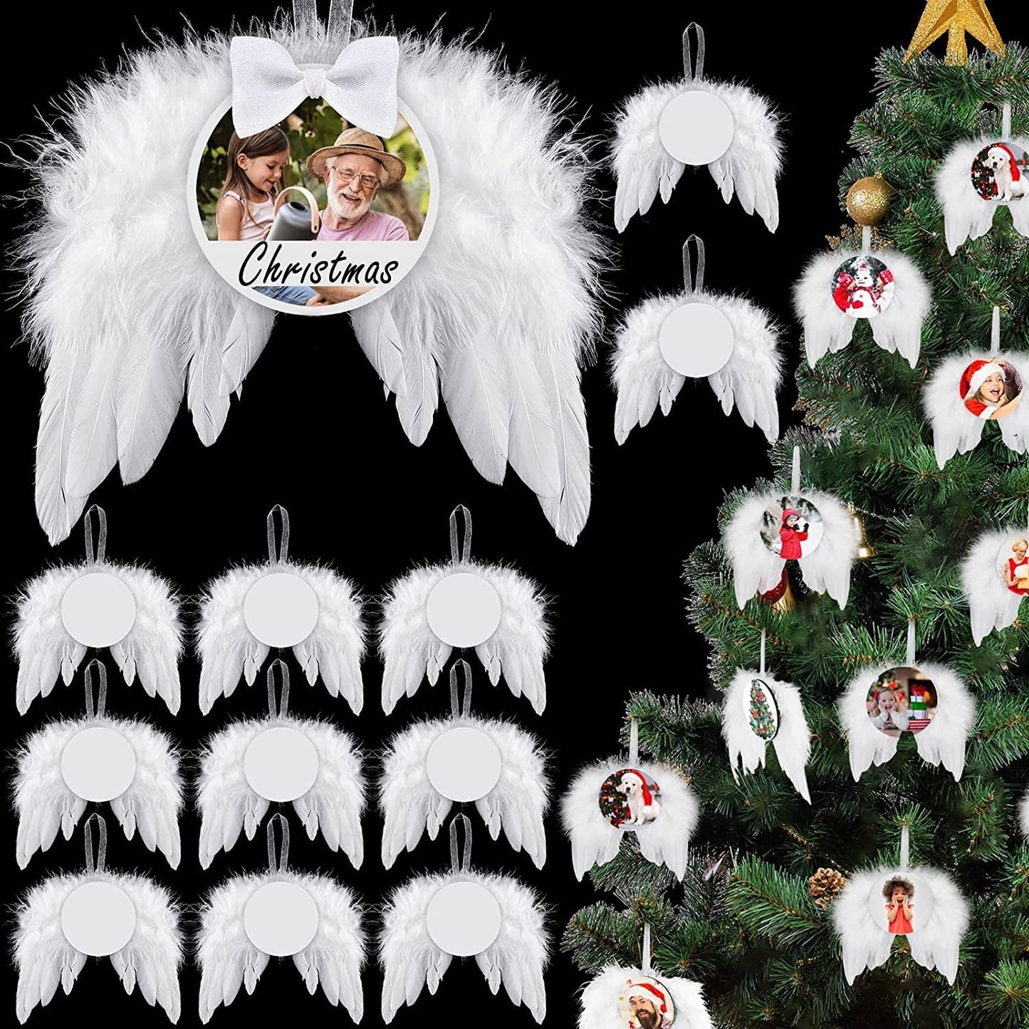 30 Pieces Sublimation Blanks Love Round Shape Pendant Sublimation Blank Angel Wings Ornaments Feather Design Decoration for New Year Christmas Tree