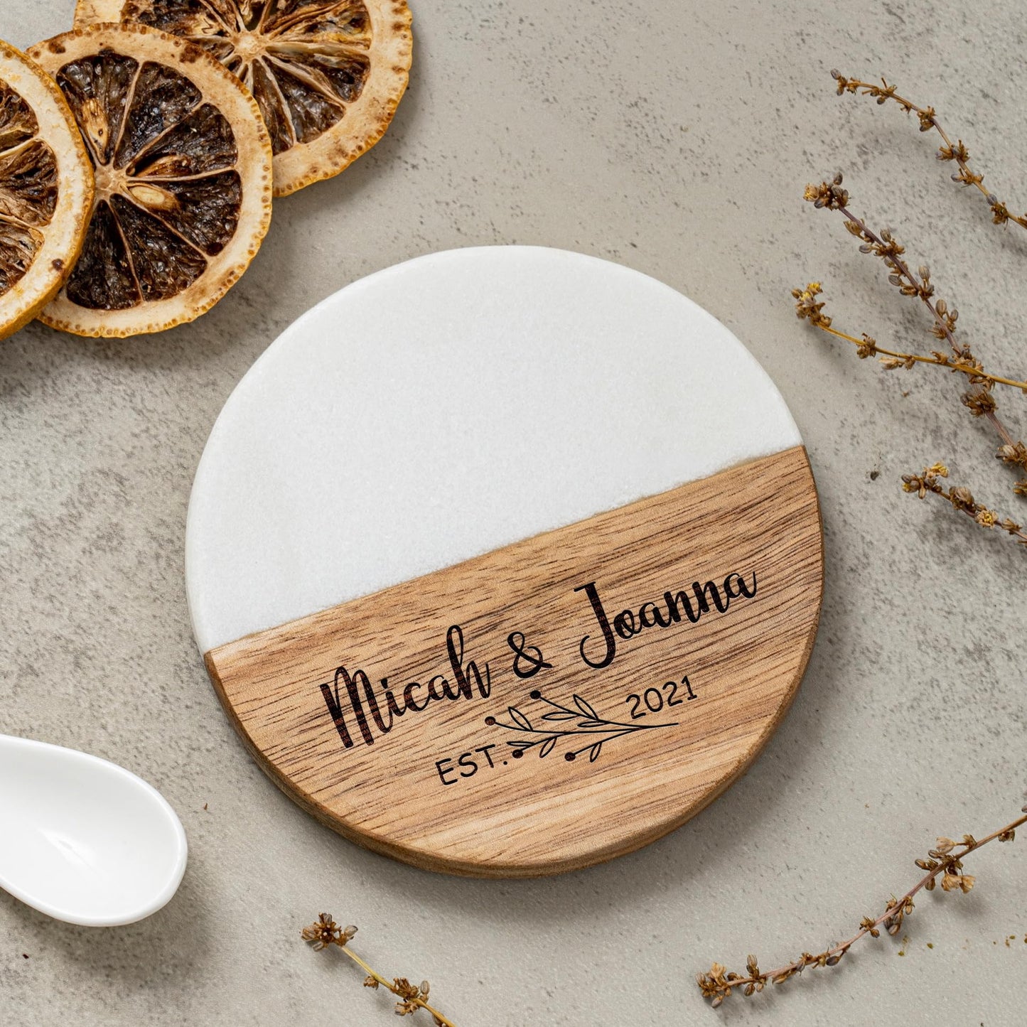 6 Pieces Marble & Wooden Coasters – Set of 6 Alabaster Marble and Wood Coasters, Ideal for Drinks, Beverage, Tea, Coffee, Bar Tables & Home Decor - Housewarming Gift for Laser Engrave (Round Black)