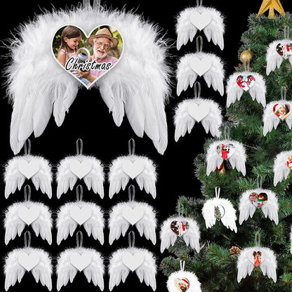 30 Pieces Sublimation Angel Wings Love Heart Shape Pendant Sublimation Blank Ornaments Feather Design Decoration for New Year Christmas Tree