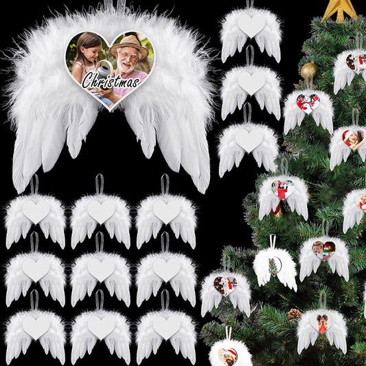 30 Pieces Sublimation Angel Wings Love Heart Shape Pendant Sublimation Blank Ornaments Feather Design Decoration for New Year Christmas Tree