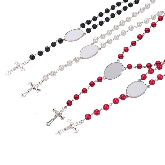 10pcs Sublimation Blank Rosary Necklace Cross Border Pendants Necklace Sublimation Blank Jewelry Necklace For DIY Printing Photo Name