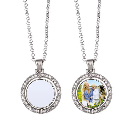 10pcs Rhinestones Pendant Necklaces Round Rotate Design Pendant Necklace Sublimation Blanks For Heat Transfer Print Unique Gift
