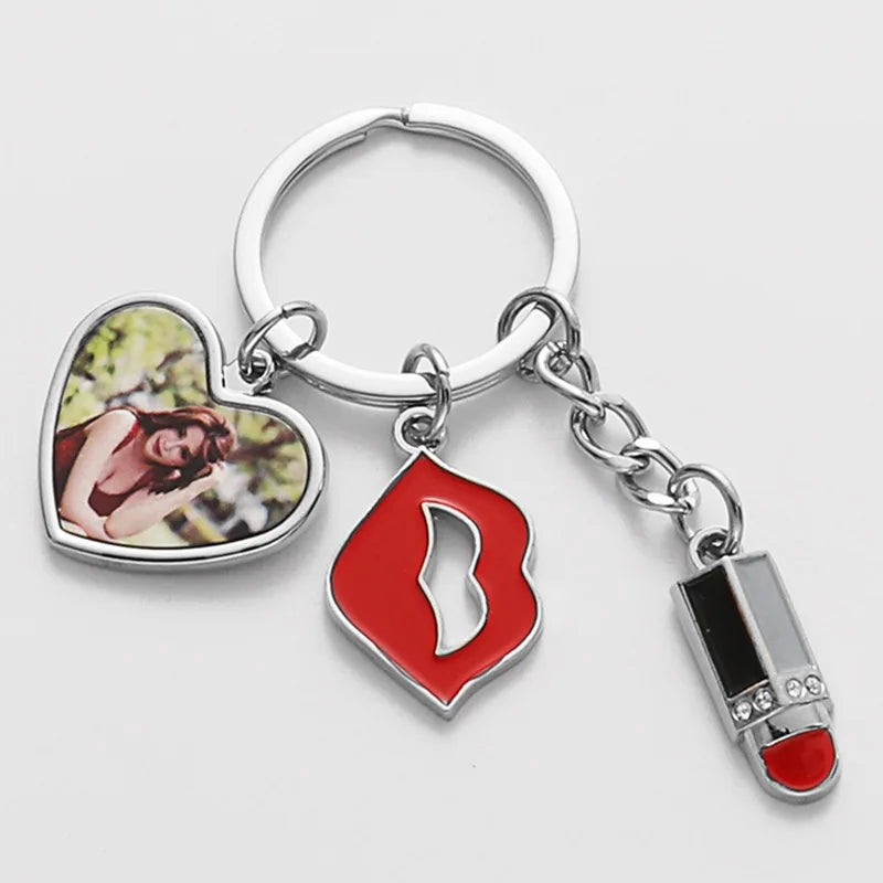10pcs Sublimation Blank Keychains Creative Lipstick Love&Heart Pendants Keyring Lip Pendant Keychain For Heat Transfer Print