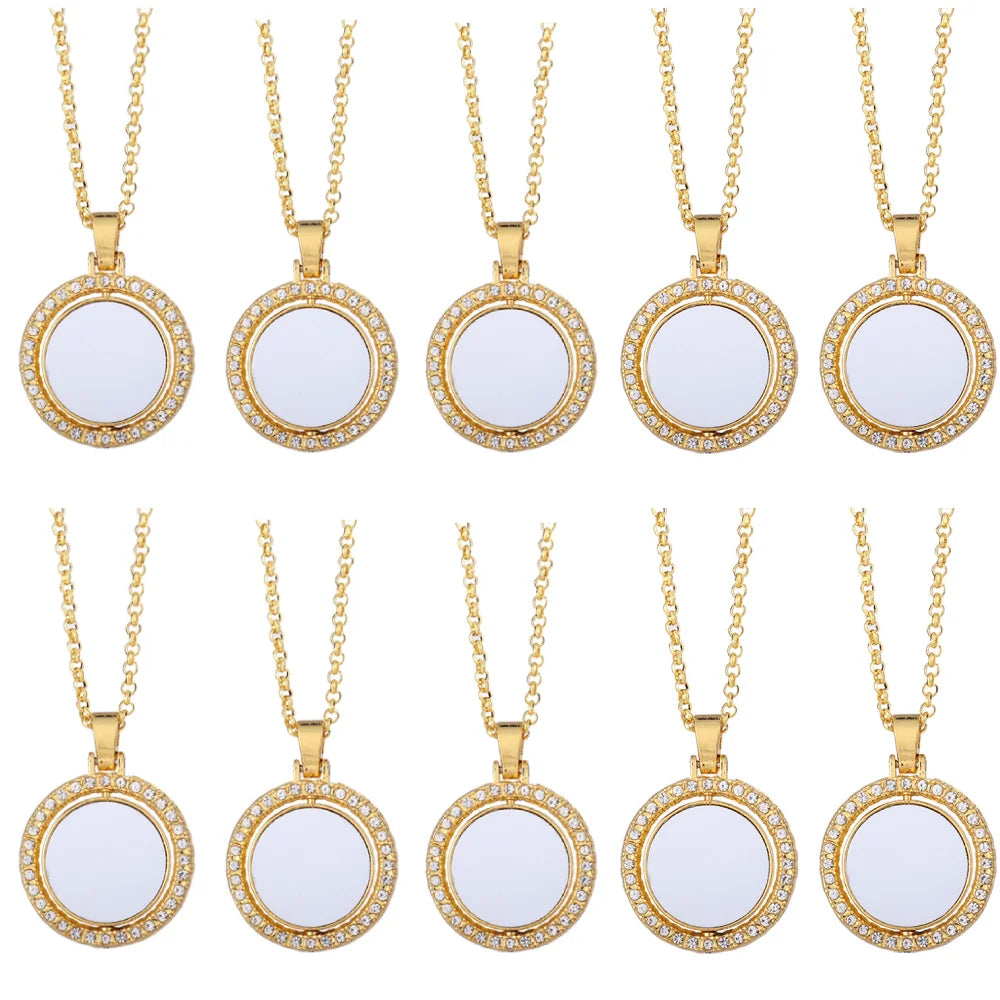 10pcs Rhinestones Pendant Necklaces Round Rotate Design Pendant Necklace Sublimation Blanks For Heat Transfer Print Unique Gift