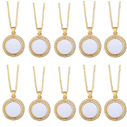 10pcs Rhinestones Pendant Necklaces Round Rotate Design Pendant Necklace Sublimation Blanks For Heat Transfer Print Unique Gift