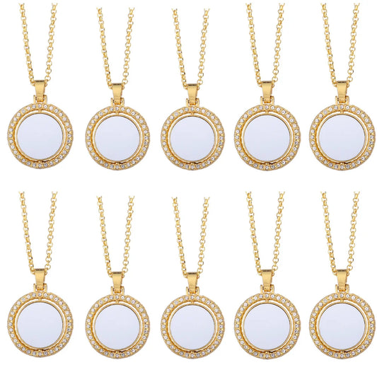 10pcs Rhinestones Pendant Necklaces Round Rotate Design Pendant Necklace Sublimation Blanks For Heat Transfer Print Unique Gift