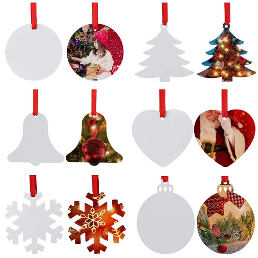 20pcs Sublimation Blank Snowflake Star Pendants Red Ribbon Design Xmas Tree Hanging Ornament For Custom Christmas New Year Gift