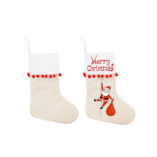 10pcs Christmas New Year Candy Bag Sublimation Linen Drawstring Gift Bag Xmas Tree Hanging Santa Socks Christmas Stockings Gift Bag