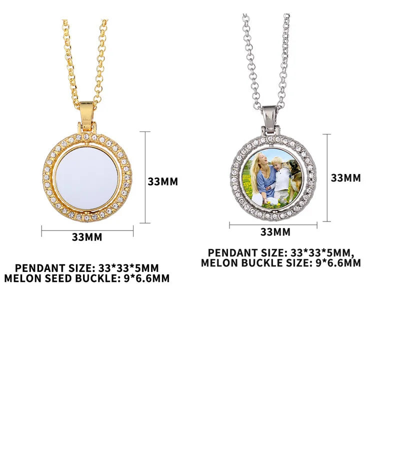 10pcs Rhinestones Pendant Necklaces Round Rotate Design Pendant Necklace Sublimation Blanks For Heat Transfer Print Unique Gift