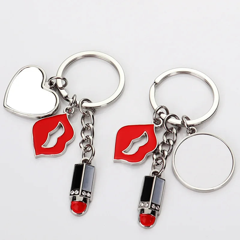 10pcs Sublimation Blank Keychains Creative Lipstick Love&Heart Pendants Keyring Lip Pendant Keychain For Heat Transfer Print