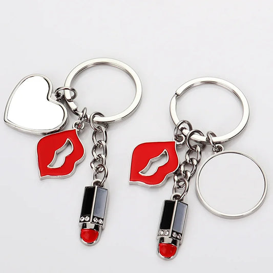 10pcs Sublimation Blank Keychains Creative Lipstick Love&Heart Pendants Keyring Lip Pendant Keychain For Heat Transfer Print