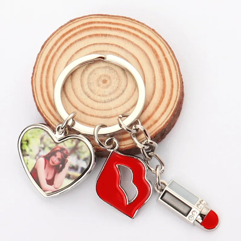 10pcs Sublimation Blank Keychains Creative Lipstick Love&Heart Pendants Keyring Lip Pendant Keychain For Heat Transfer Print